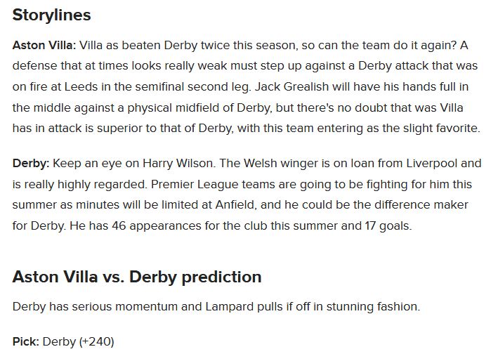 Dự đoán Aston Villa vs Derby County (21h 27/5) bởi chuyên gia Roger Gonzalez
